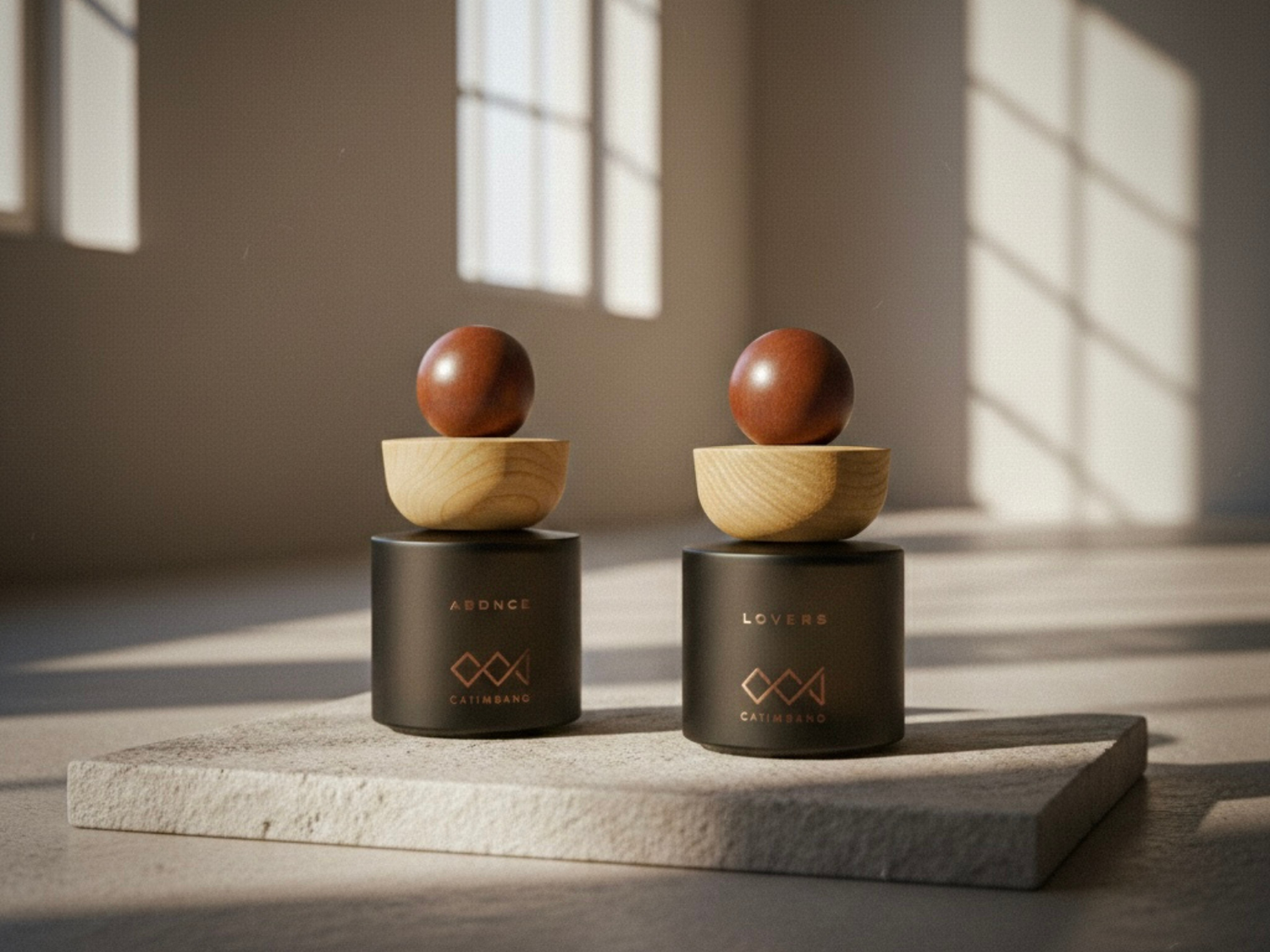 Luxury perfume duo ABDNCE and LOVERS by CCJ Parfum inspired by sunrise and sunset, expressing balance, duality, and refined scent experience.