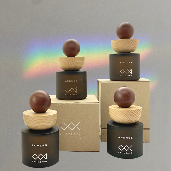 Modern luxury perfume duo by CCJ Parfum, ABDNCE and LOVERS, photographed in a flat lay to showcase premium design and signature scents. Catimbang